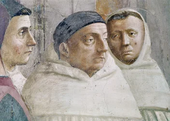 Dettaglio di due monaci, dalla Resurrezione del figlio di Teofilo e San Pietro intronizzato come primo vescovo di Antiochia, c.1427 e c.1484-85 (dettaglio)